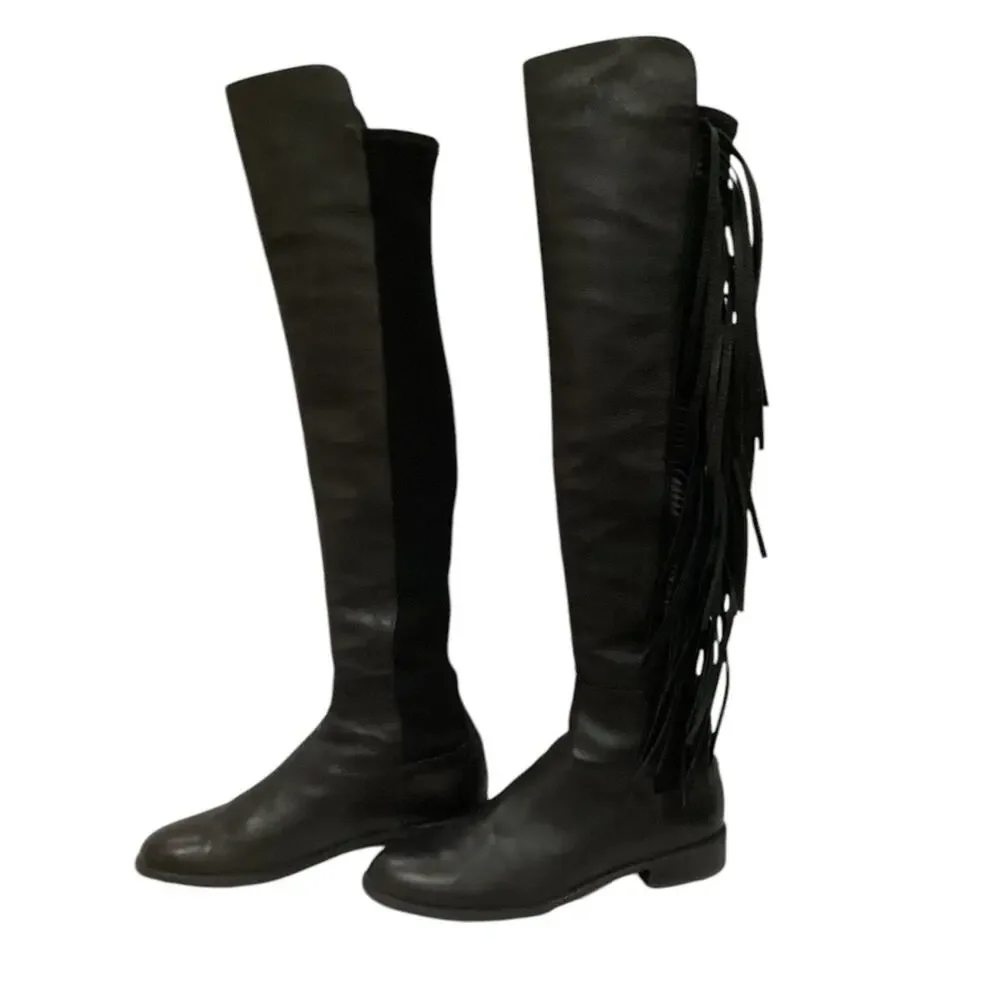 Stuart Weitzman 5050 Fringe Over The‎ Knee Boot Black Nappa Leather Size 7